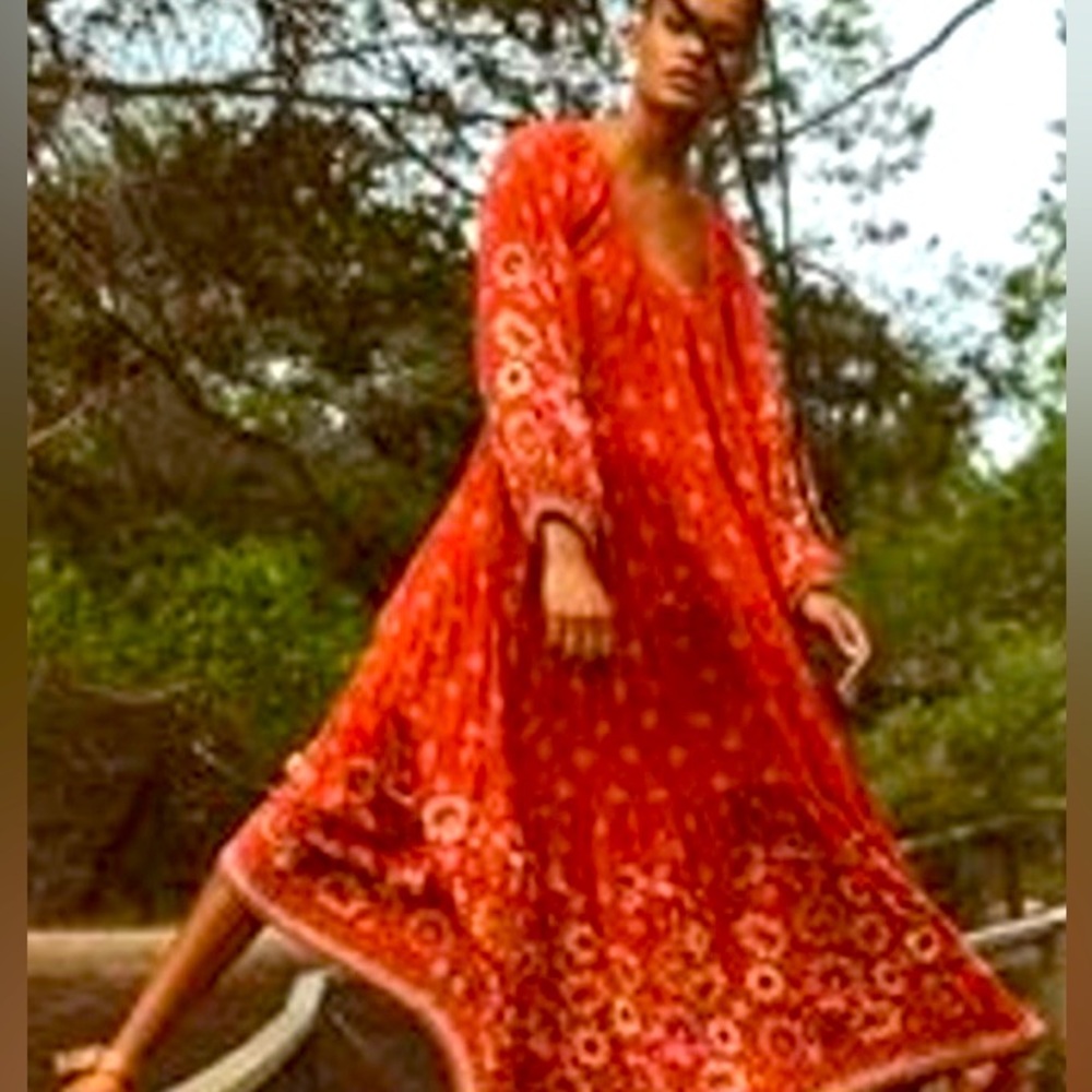 Spell Campfire Vibrant Red Floral Long Sleeve Dress, Size Small